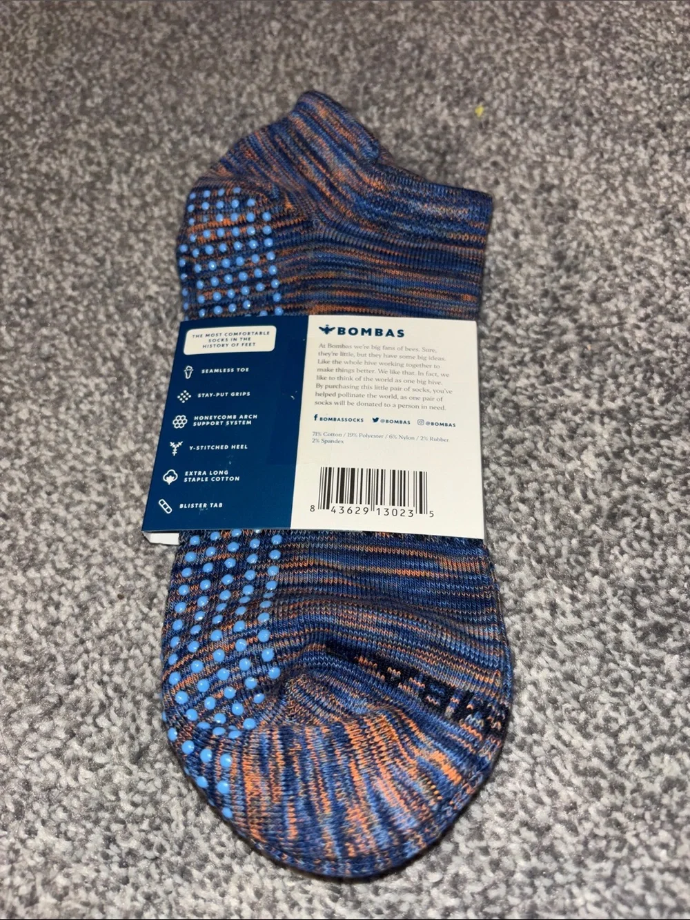 Bombas women’s Gripper No-Show Socks Blue/ Orange Marled size large(women’s 6-9)